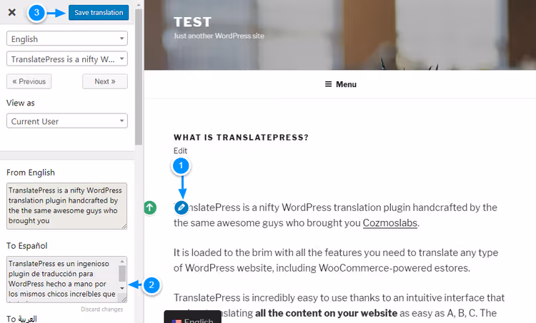 Processo di traduzione testuale passo passo nell'editor visivo di TranslatePress