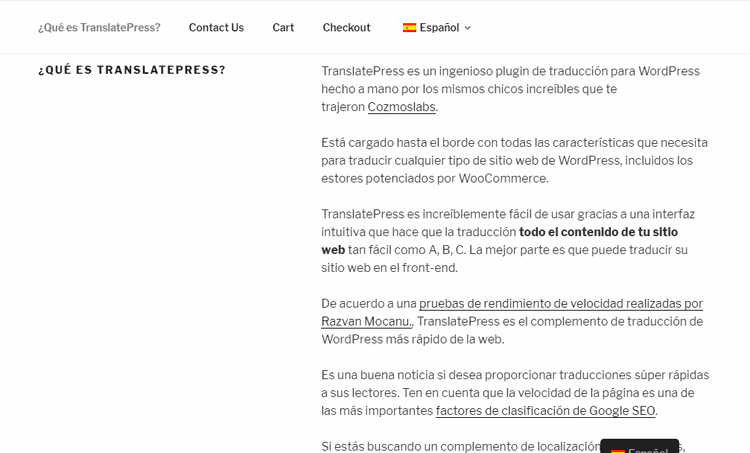 Risultato della traduzione di una pagina in spagnolo tramite TranslatePress