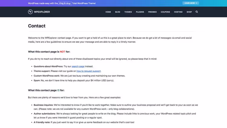 Exemplo de uma página de contactos concisa no blog WPExplorer