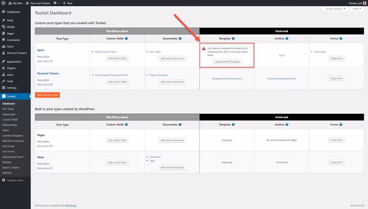 Создание шаблона контента в Toolset Dashboard
