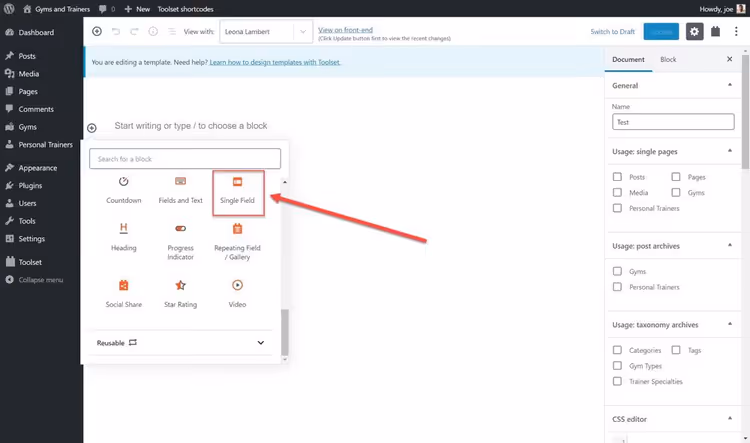 Добавление блока Single Field из Toolset