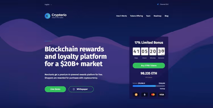 Screenshot del tema Crypterio, landing page per ICO e NFT