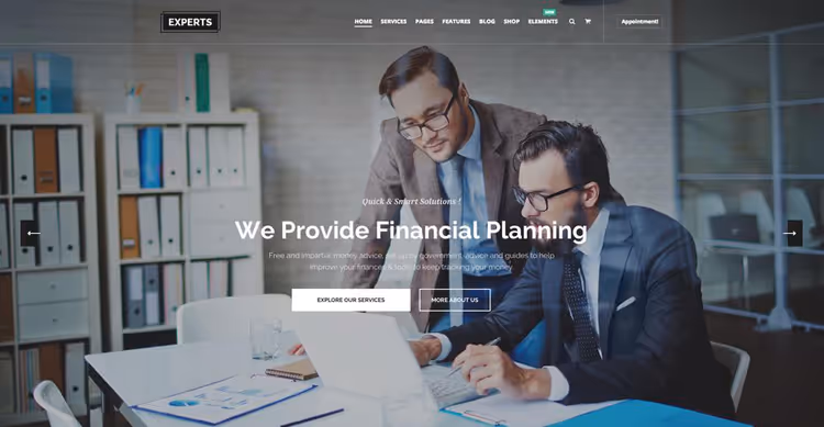 Screenshot del tema Experts, finanza e consulenza