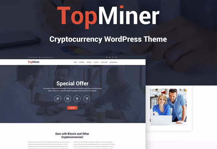 Screenshot del tema TopMiner per siti di mining