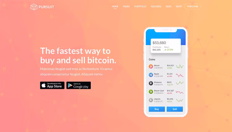 Screenshot del tema Pursuit, fintech e crypto