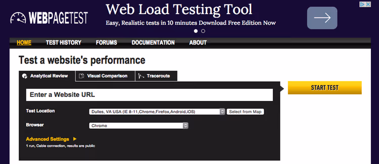 WebPageTest results with multiple runs and median values