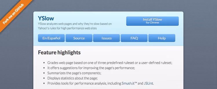 YSlow panel with performance metrics broken down by category
