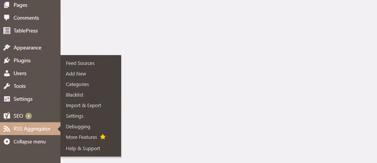 WP RSS Aggregator menüü WordPressi halduspaneelis