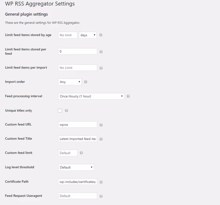 WP RSS Aggregator üldiste seadete leht