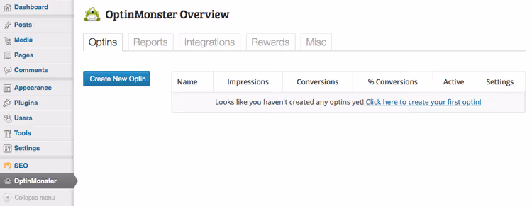 OptinMonster menu in WordPress admin after installation