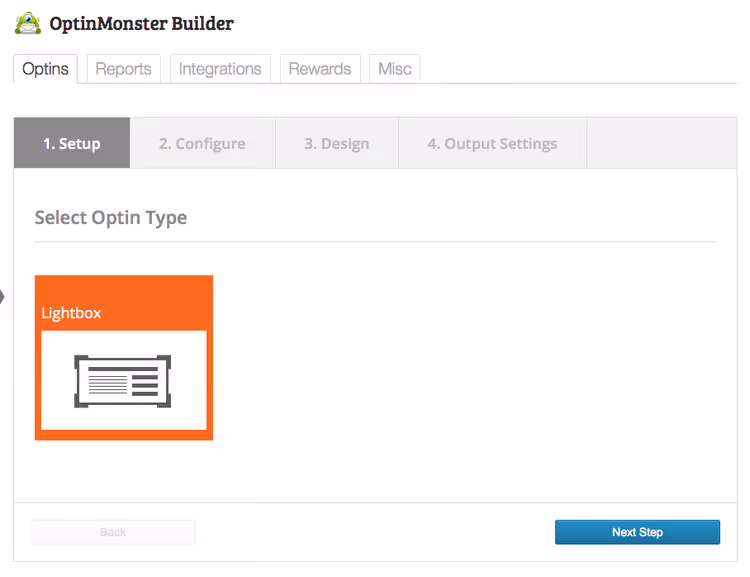 Popup type selection wizard in OptinMonster