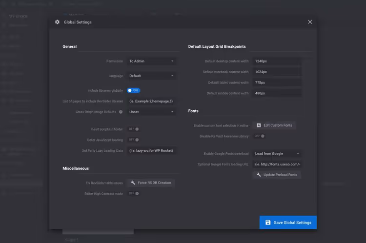 Slider Revolution plugin global settings