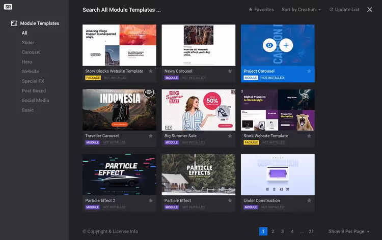 Template gallery in Slider Revolution admin