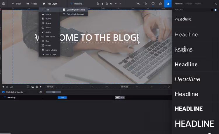 Menu for adding new layer to slide