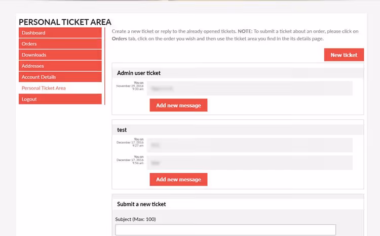 Sistema de tickets de soporte de WooCommerce en la página de pedido del cliente