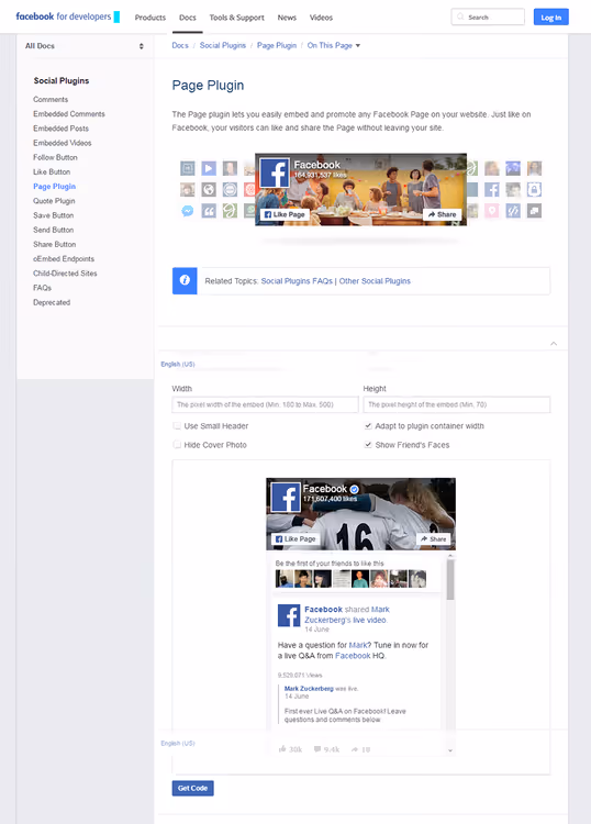 Widget officiel Facebook Page Plugin par Meta