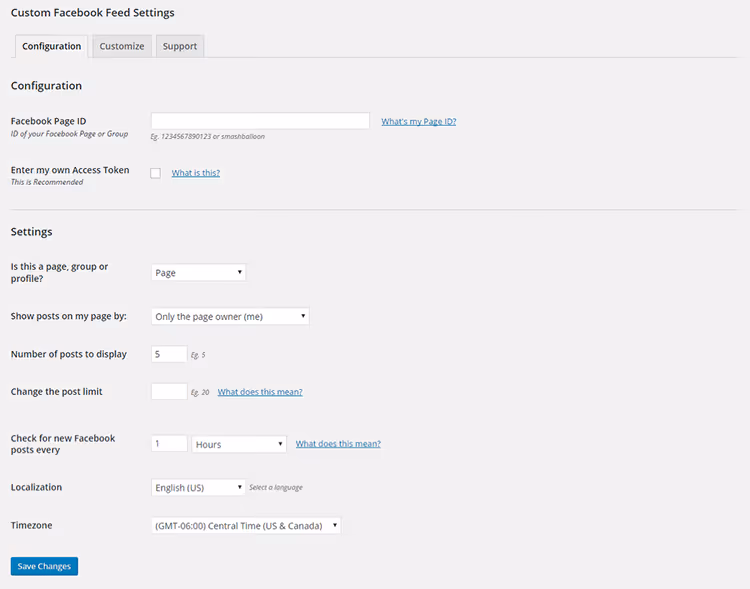 Page de réglages du flux Facebook personnalisé dans l'administration WordPress