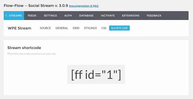 Shortcode dello stream creato nella scheda Shortcode di Flow Flow