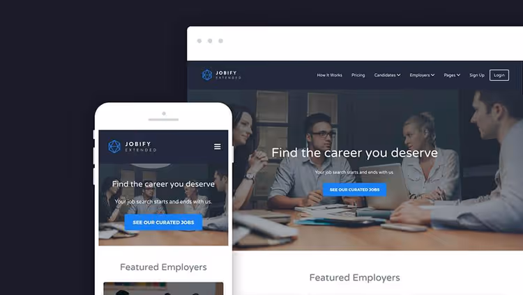 Jobify-teeman ulkoasu ja työnhaun suodattimet