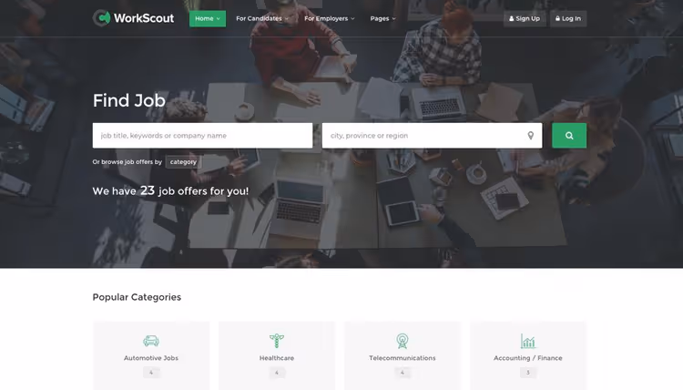 WorkScout-teeman työpaikkasivu ja palkkasuodatin
