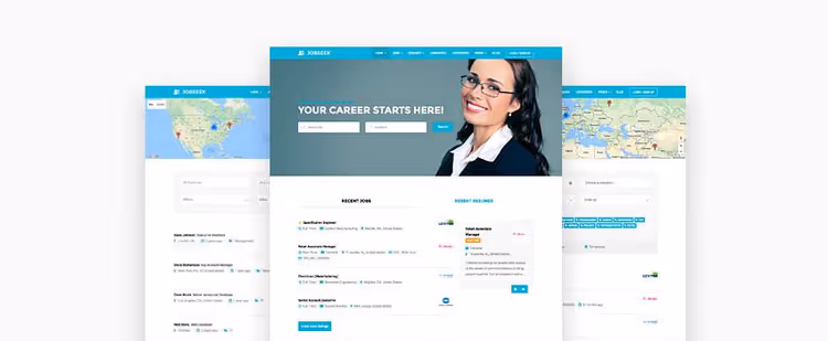 JobSeek-teema, jossa työpaikkakartta ja hakusuodattimet