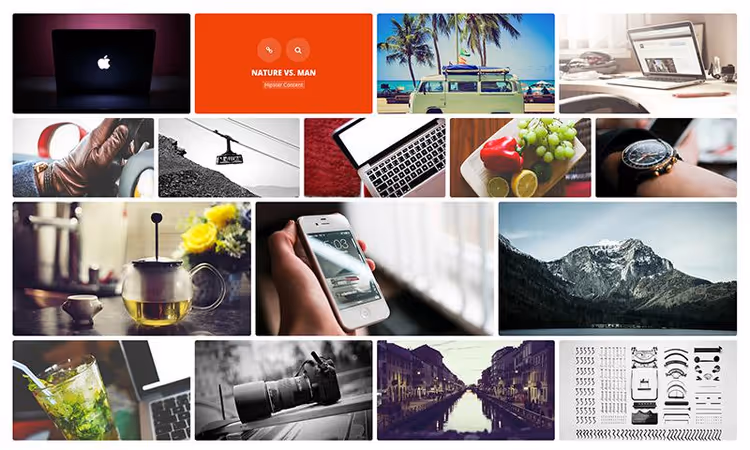 Essential Grid-exempel med YouTube-videor, bilder och WooCommerce-produkter