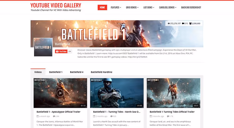 YouTube-videogalleri med miniatyrer och paginering inbäddat via WPBakery Page Builder