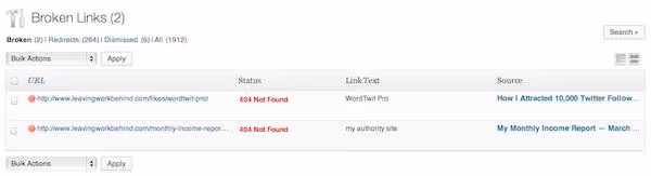 Liste erkannter defekter Links mit URL und Fehlerstatus