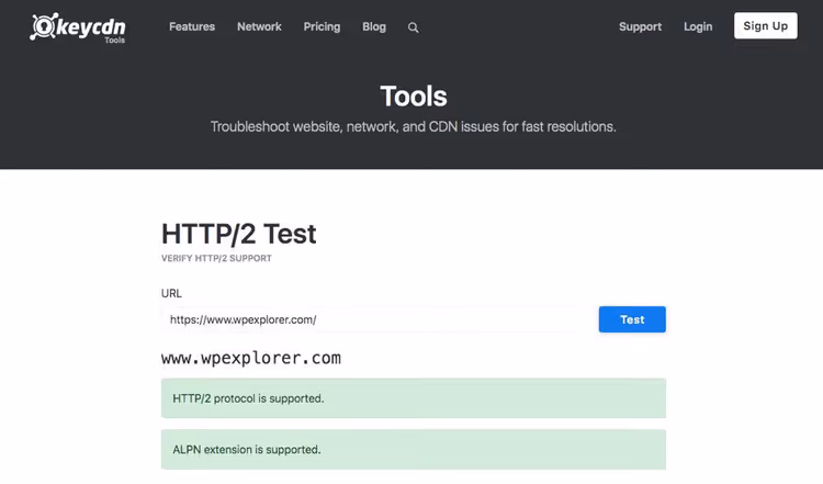 Résultat de la vérification du support HTTP/2 avec l'outil KeyCDN