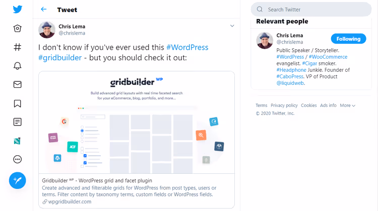 Avis positif de Chris Lema' sur WP Grid Builder sur Twitter