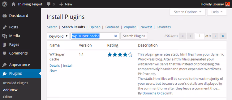 Ricerca del plugin WP Super Cache tramite il pannello di amministrazione