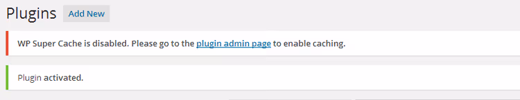 Notifica di attivazione di WP Super Cache