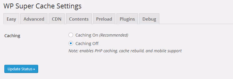 WP Super Cache con caching disabilitato