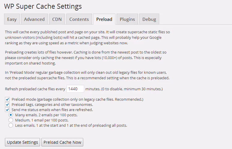 Impostazioni di precaricamento di WP Super Cache
