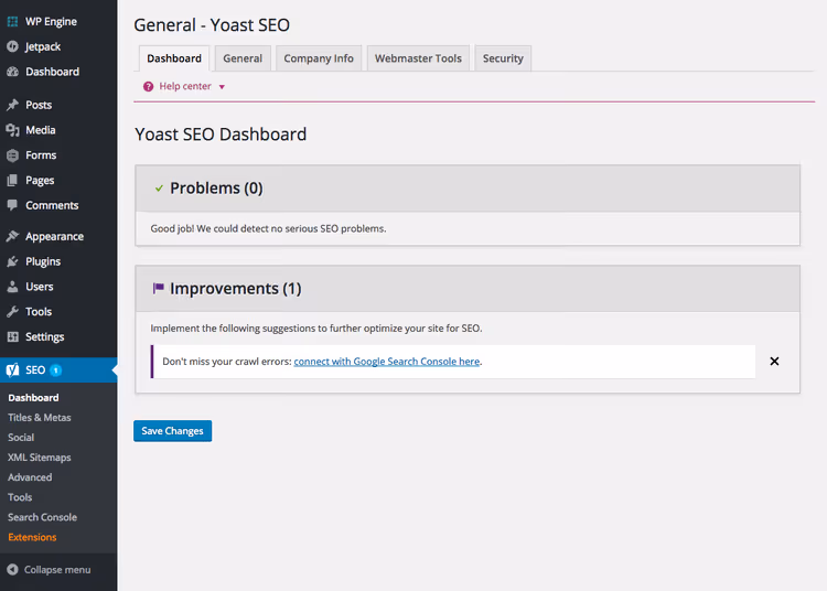 Tableau de bord Yoast SEO avec onglets de réglages
