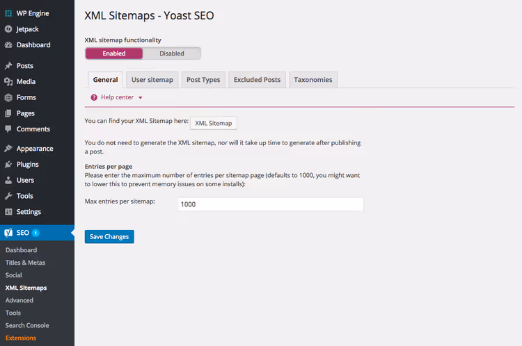 Réglages du sitemap XML dans Yoast SEO
