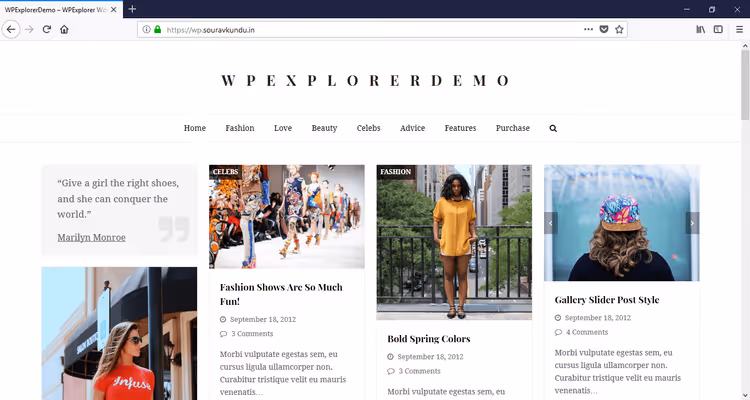 Site de teste WordPress com conteúdo de demonstração para cópia de segurança