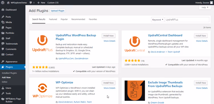 A instalar o plugin UpdraftPlus no admin do WordPress