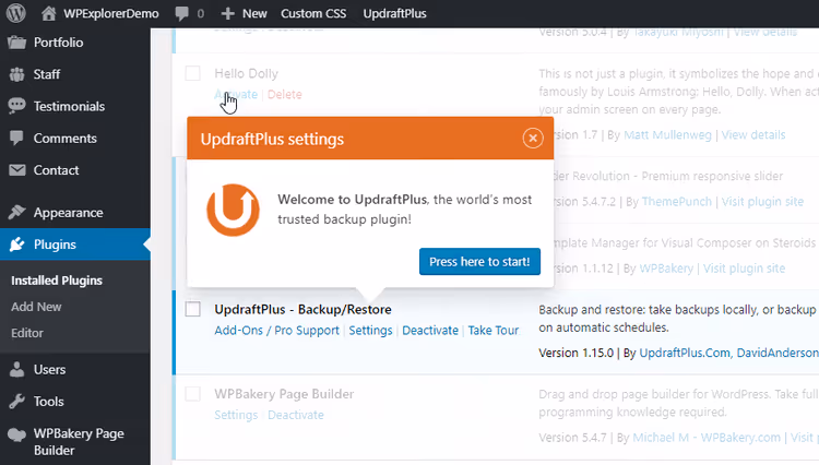 A ativar o plugin de cópias de segurança UpdraftPlus