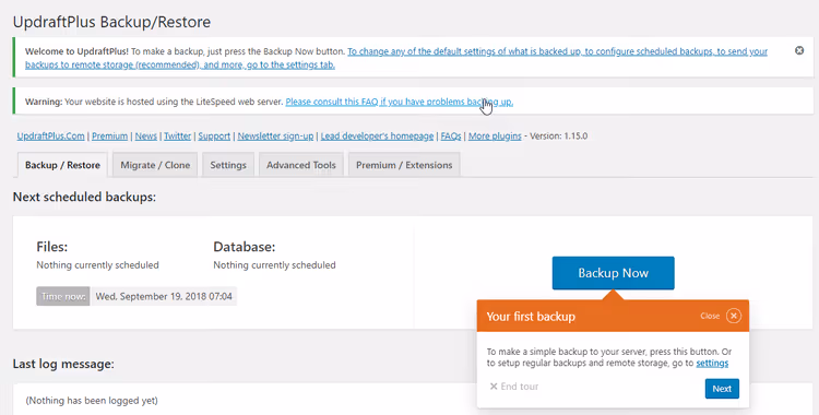 Primeiro arranque do assistente de configuração do UpdraftPlus
