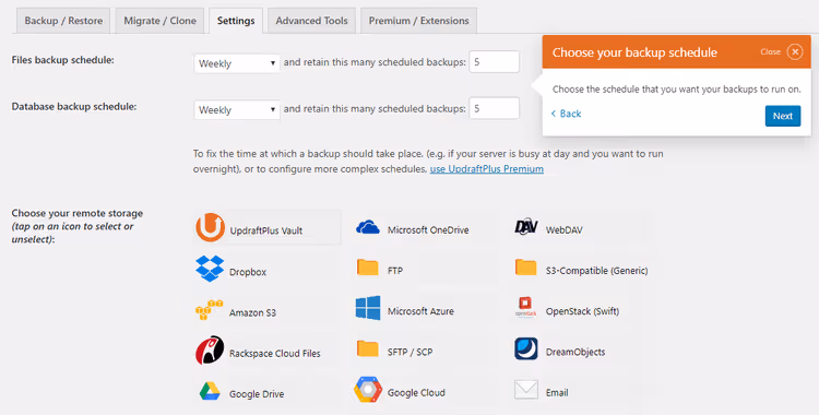 A configurar o agendamento de cópias de segurança no UpdraftPlus