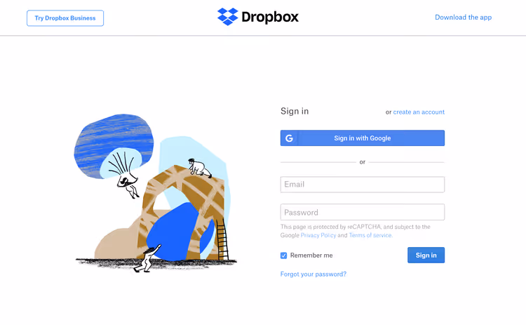 Página de início de sessão do Dropbox para ligação ao UpdraftPlus