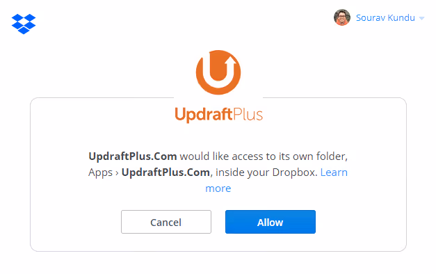 Passo final da autenticação do Dropbox com o UpdraftPlus