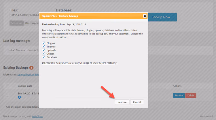 Diálogo para selecionar componentes a restaurar no UpdraftPlus