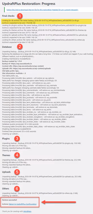 Restauro de cópia de segurança do WordPress concluído com sucesso, registo do UpdraftPlus