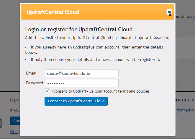 Registo no painel do UpdraftCentral Cloud