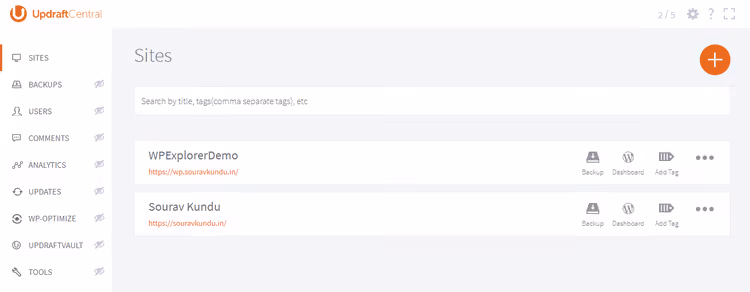 Painel do UpdraftCentral Cloud com sites ligados