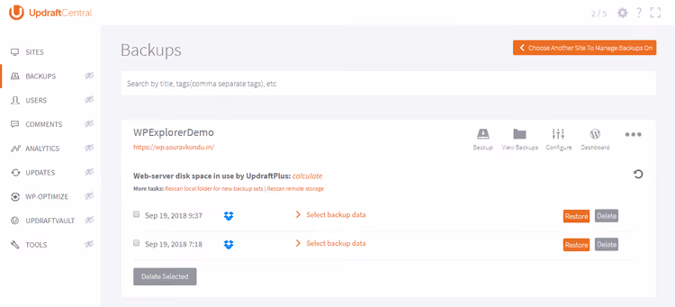A ver as cópias de segurança disponíveis do site no UpdraftCentral Cloud