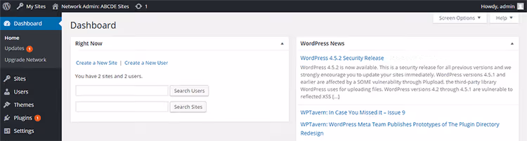 Network Admin panel in WordPress Multisite with a list of network sites