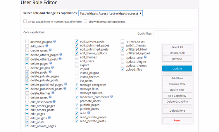 Role permissions editing interface in User Role Editor